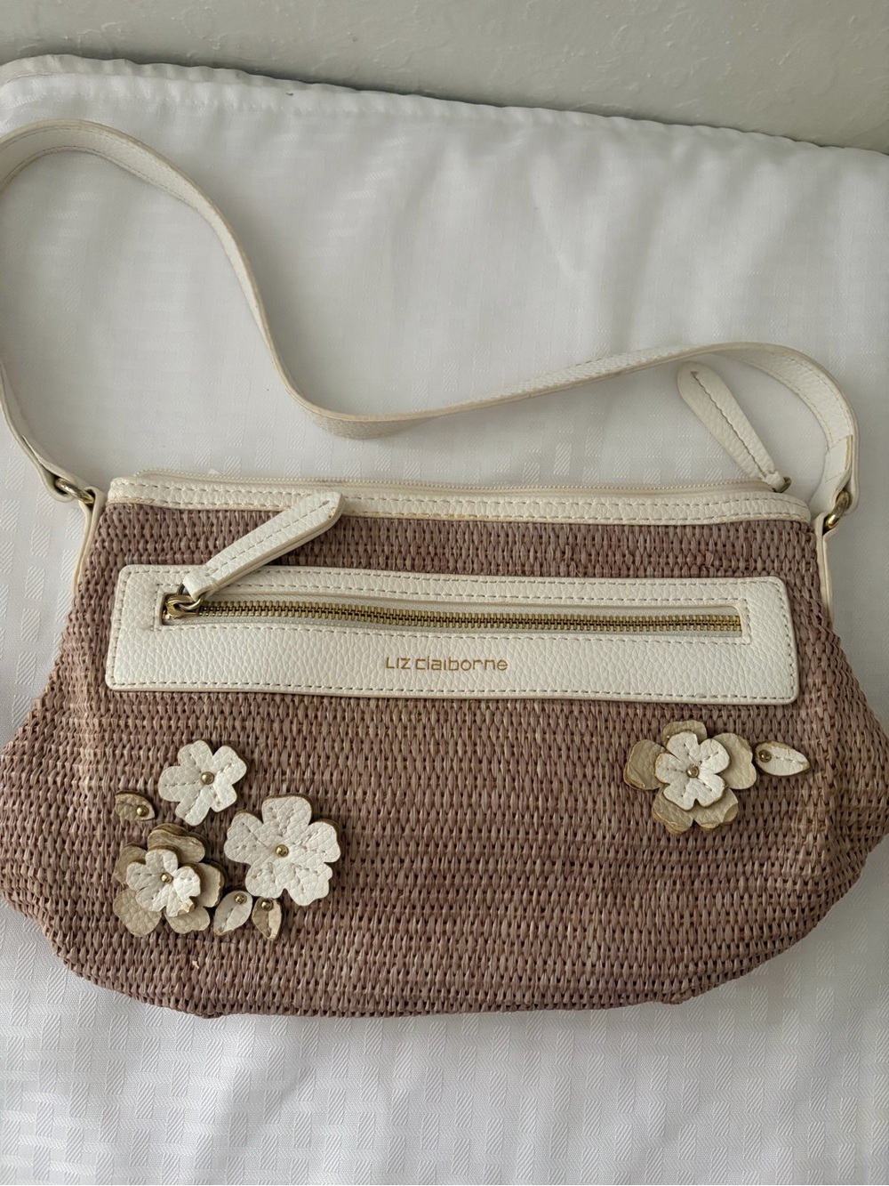 Liz Claiborne Taupe Woven Shoulder Bag with Cream Floral Appliqué
